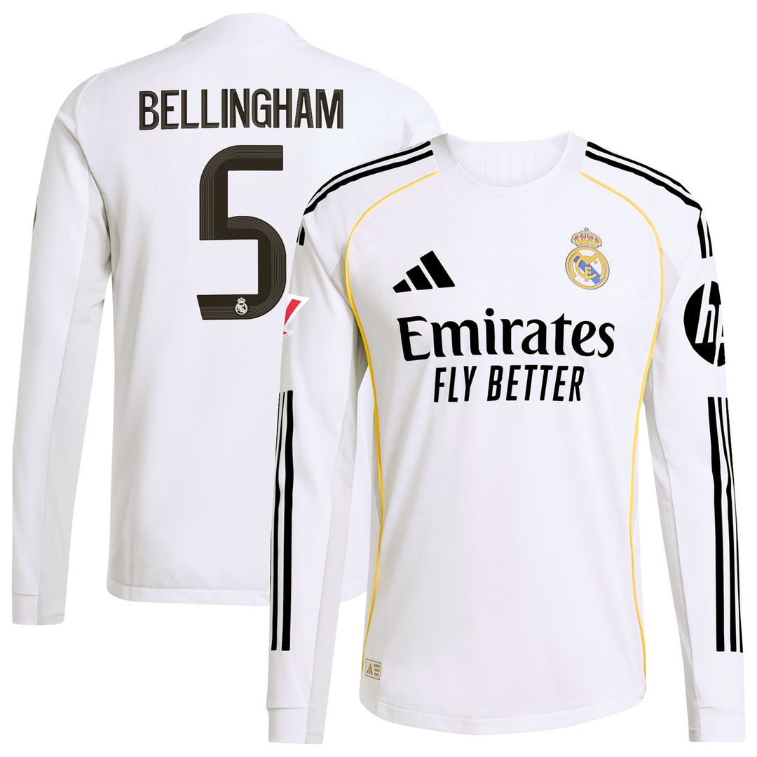 Jude Bellingham Real Madrid adidas 2025/26 Home Authentic Long Sleeve Jersey - White