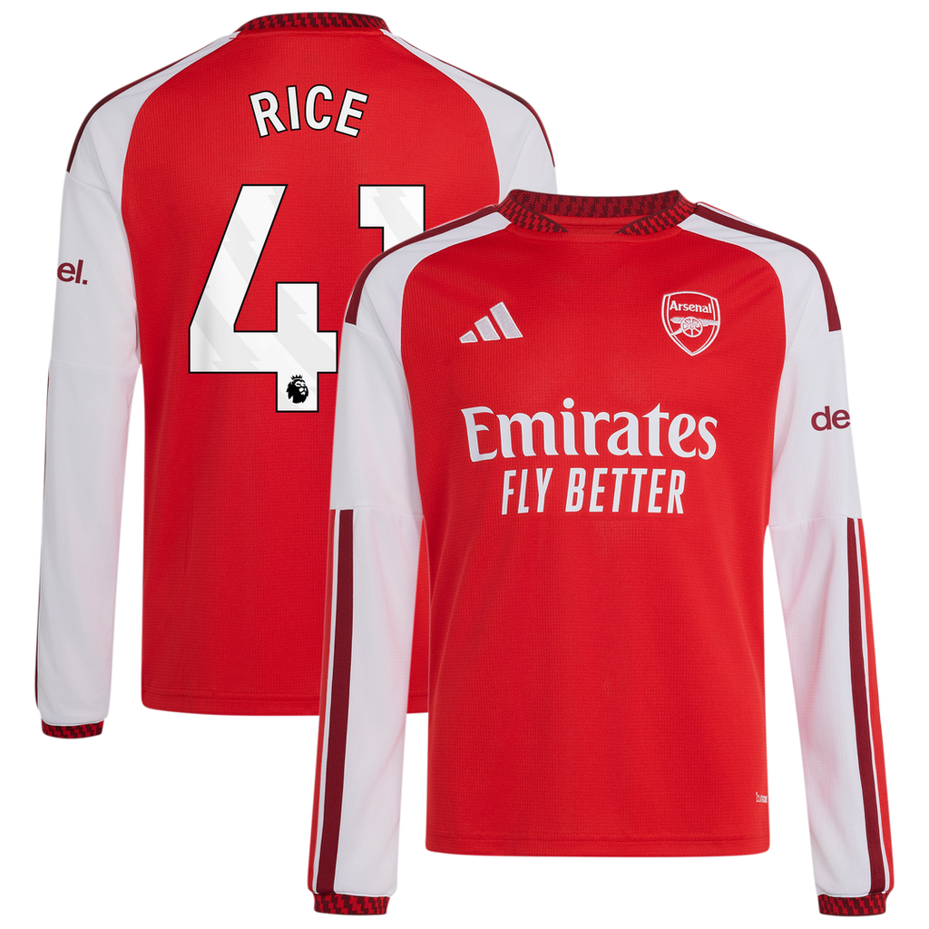 Declan Rice Arsenal adidas Youth 2026/27 Home Replica Long Sleeve Jersey - Red